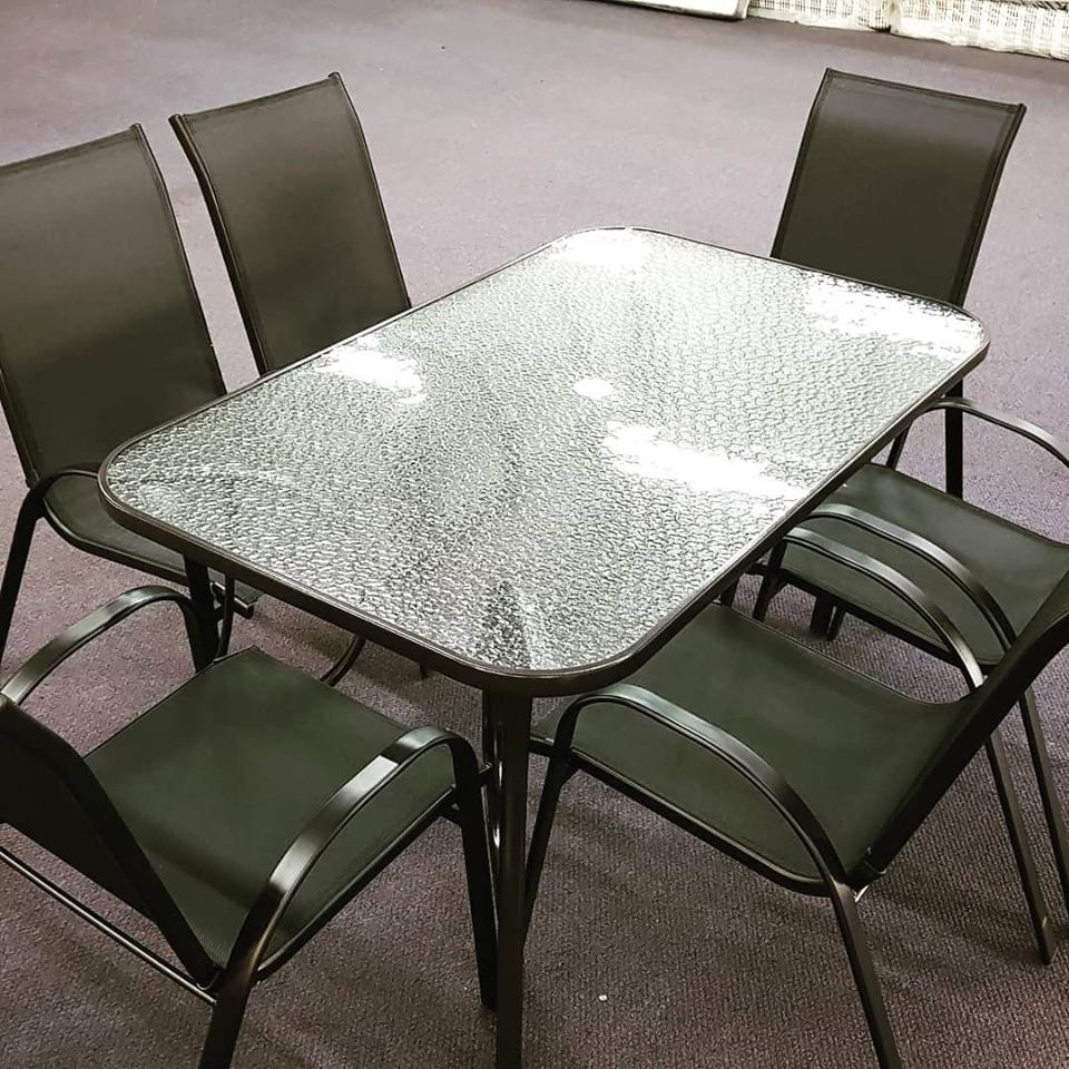 Metal Patio Set With Rectangle Glass Top Table And 6 Chairs