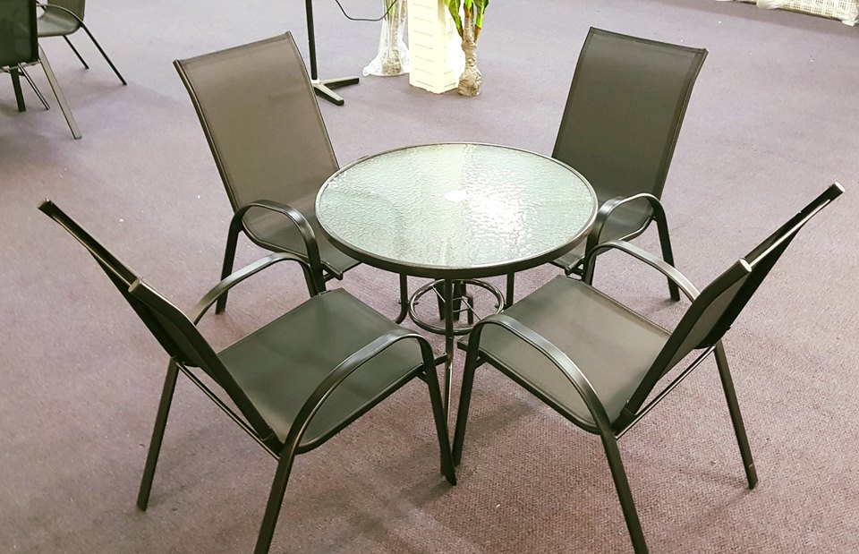 Metal Patio Set With Round Glass Top Table And 4 Chairs